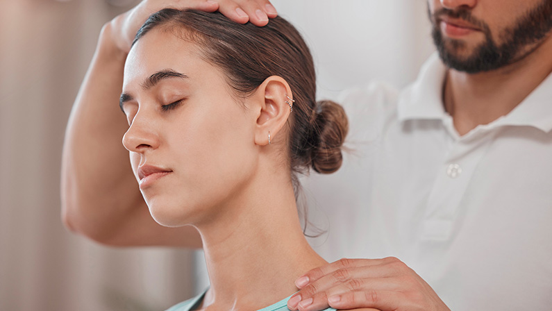 Woman, neck pain or physiotherapy stretching in sports clinic for pain relief, muscle stress management or healthcare wellness. Man, physiotherapist or worker with athlete patient in physical therapy