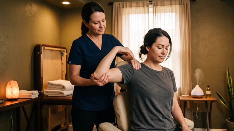 Licensed massage therapist gently mobilizing a client's shoulder and upper arm while the client sits comfortably, calm and softly lit therapy room, no text overlay