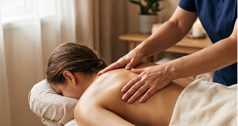 Close-up of a massage therapist's hands working on a client's upper back and shoulder blade area, warm natural lighting, no text overlay