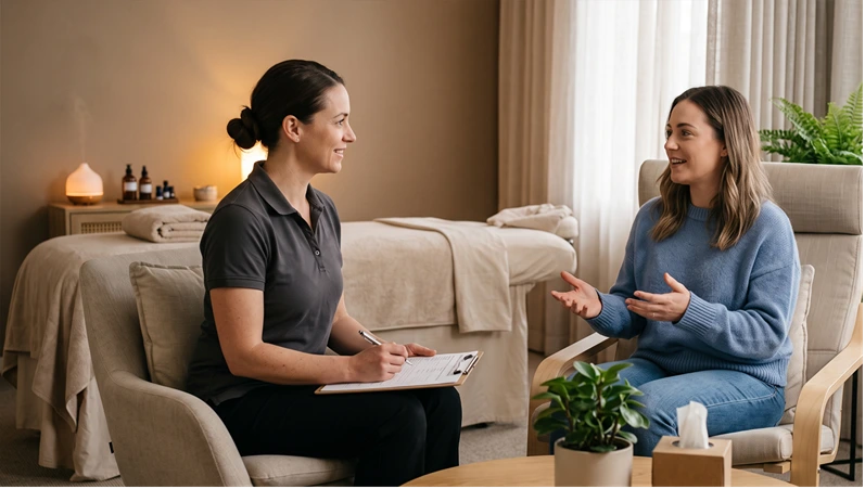 Massage therapist consulting with a client before a session, both seated comfortably, no text overlay