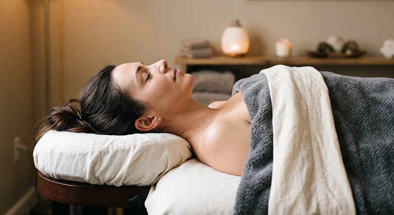 Close-up of a client lying face up on a massage table with eyes closed and shoulders visibly relaxed, soft warm lighting, calm neutral therapy room, no text overlay