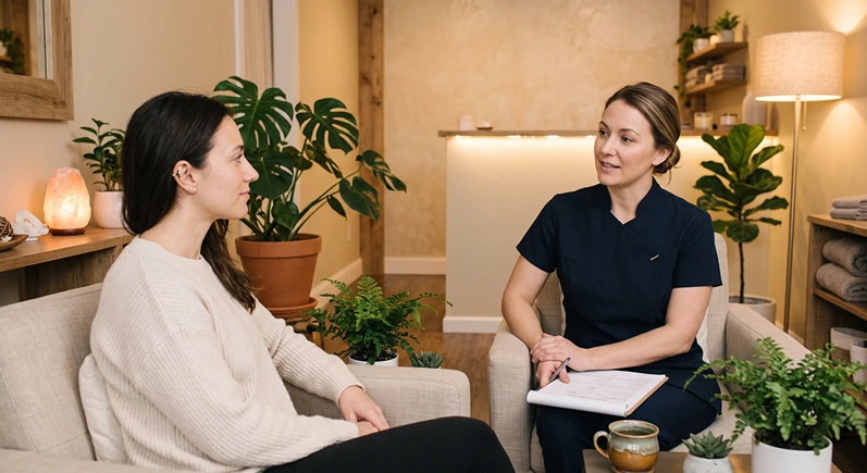 Massage therapist speaking with a client before a session in a peaceful reception area with plants and warm lighting, both seated and relaxed, no text overlay
