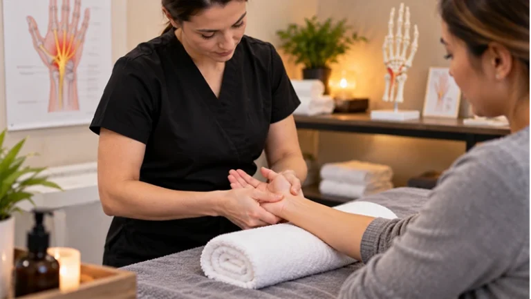 Massage therapist massaging wrist